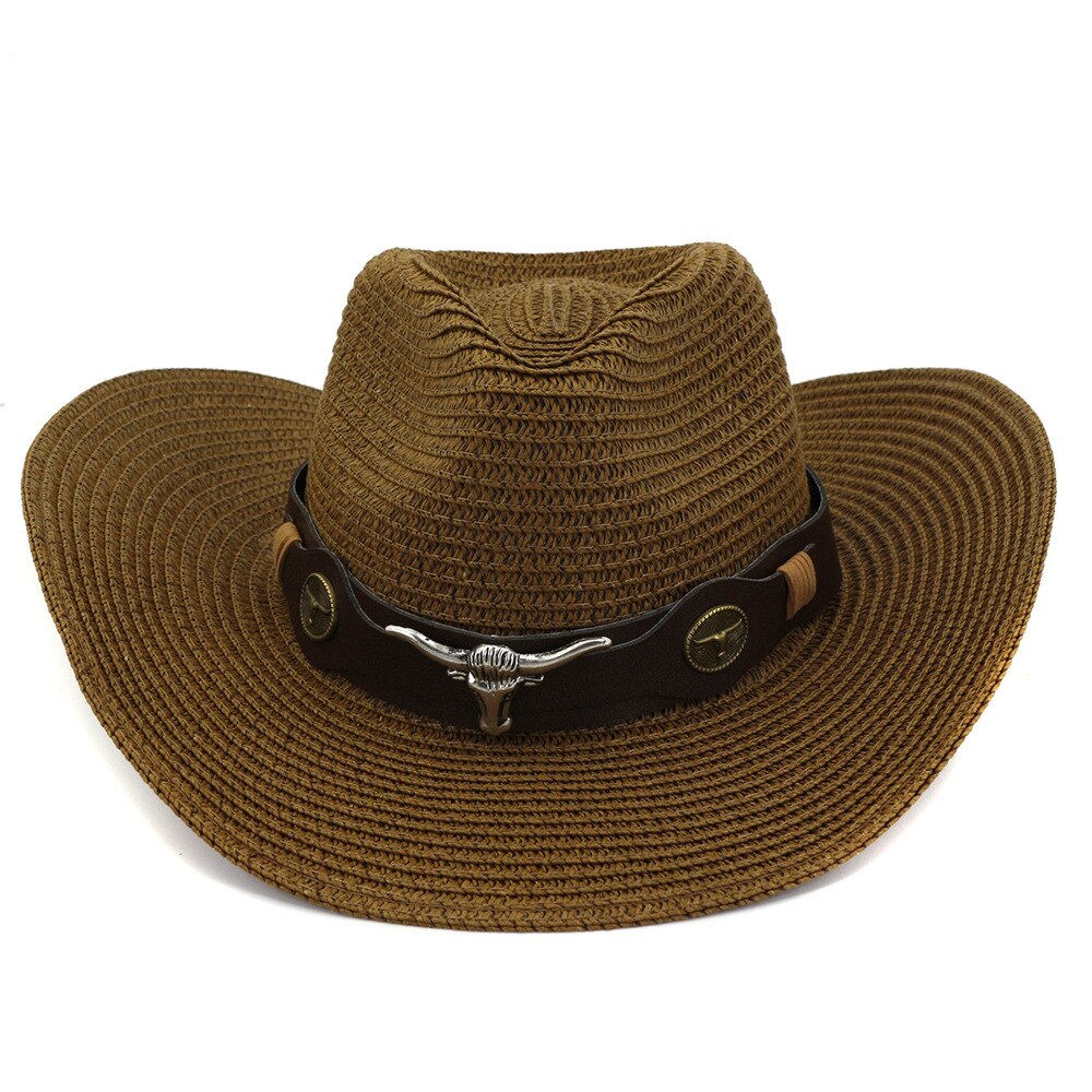 Qbhat unisex papir cowboy hatte bred skygge solbeskyttelseshætte mænd kvinder strand solhat solskærm cap jazz stråhat sombrero: Kaffe