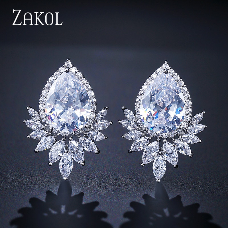 ZAKOL Romantico lacrima cubo Zirconia Bianco colore Orecchini con Perno del Foglio di Modo Da Cerimonia Nuziale Brincos Gioielli per Le Donne FSEP2009