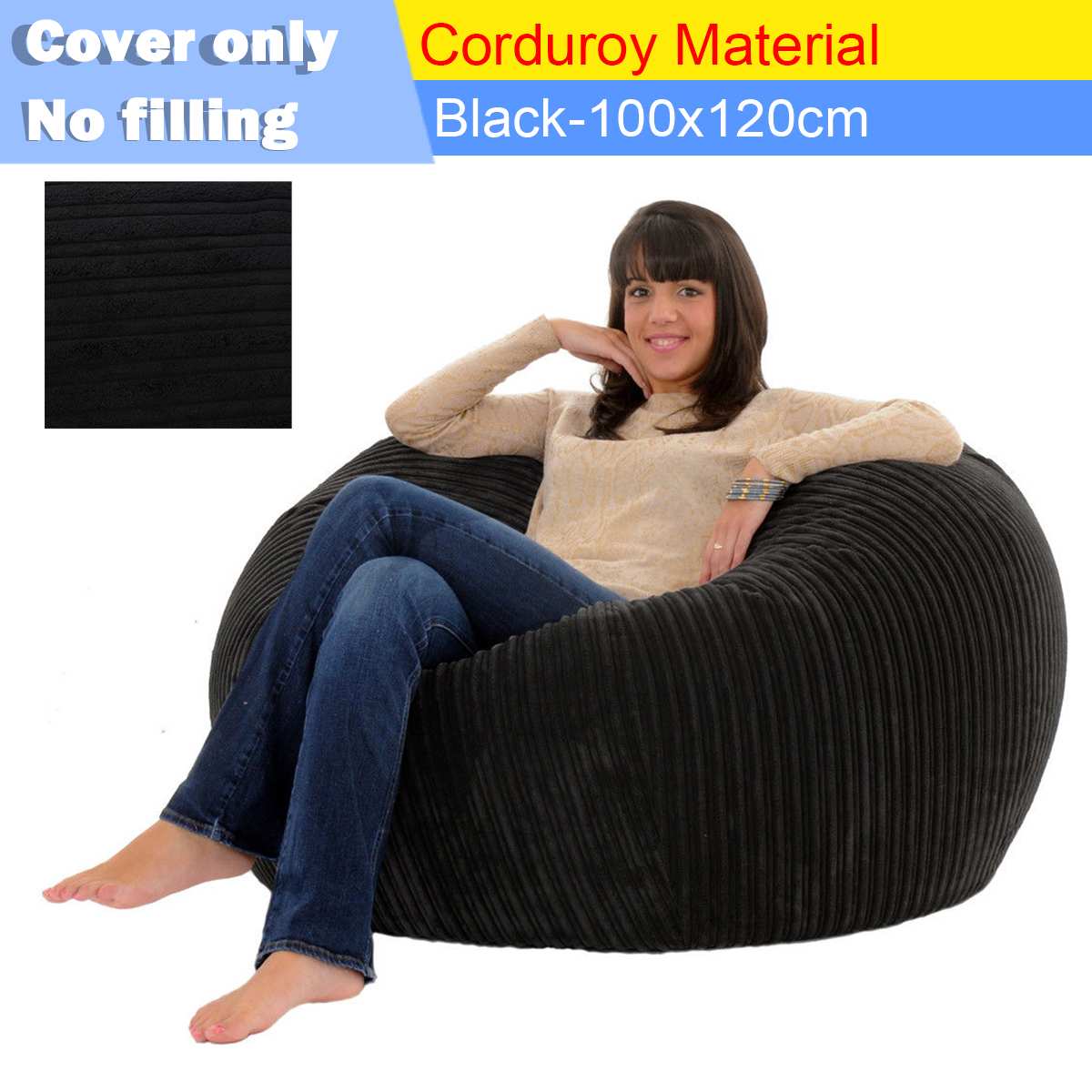 Funda de sofá grande sin relleno, pana de abrigo, tumbona, bolsa de asiento, sillas, Puff, Tatami, sala de estar: black only cover