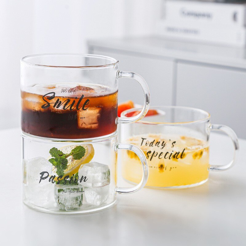 Taza de agua de cristal resistente al calor con mango parte inferior plana se puede calentar transparente para el desayuno en casa Vaso de Leche de cóctel
