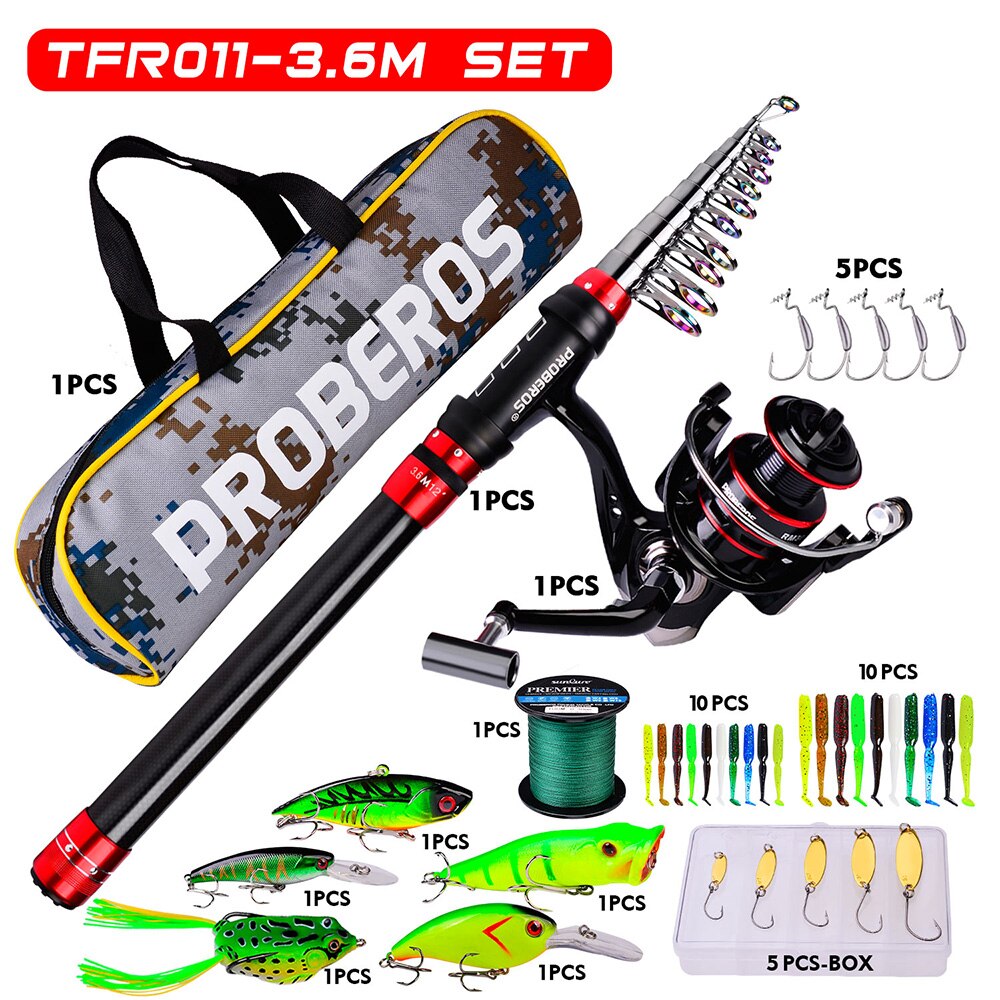 PROBEROS 1.8m-3.6m Telescopic Casting Fishing Combo Portable Ultralight Rod and 5.2:1 Gear Ratio Fishing Reel Fishing Tackle Kit: 3.6m and 3000 KIT