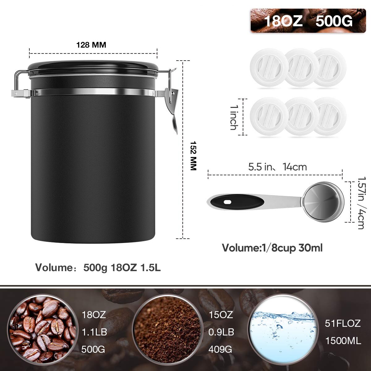 Coffee Storage Container Airtight Stainless Steel Vault Coffee Bean Canister with CO2 Valve to Keep Beans Fresh Grains Candy Jar: Black Spoon 1.5L
