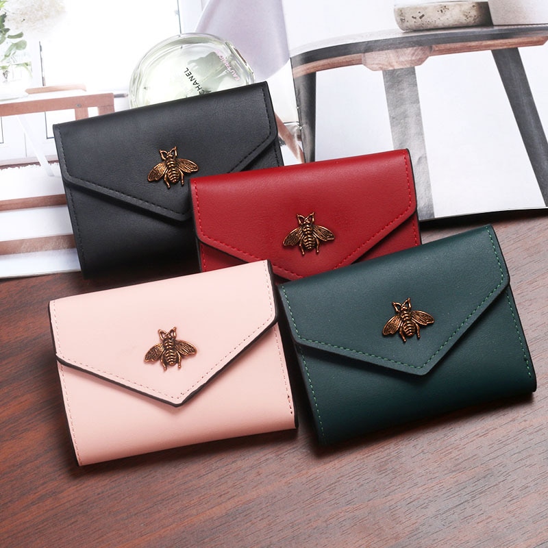 Bee Wallet Women Short Tri-Fold Small Purse Card Case Simple Ladies Female Style PU Leather