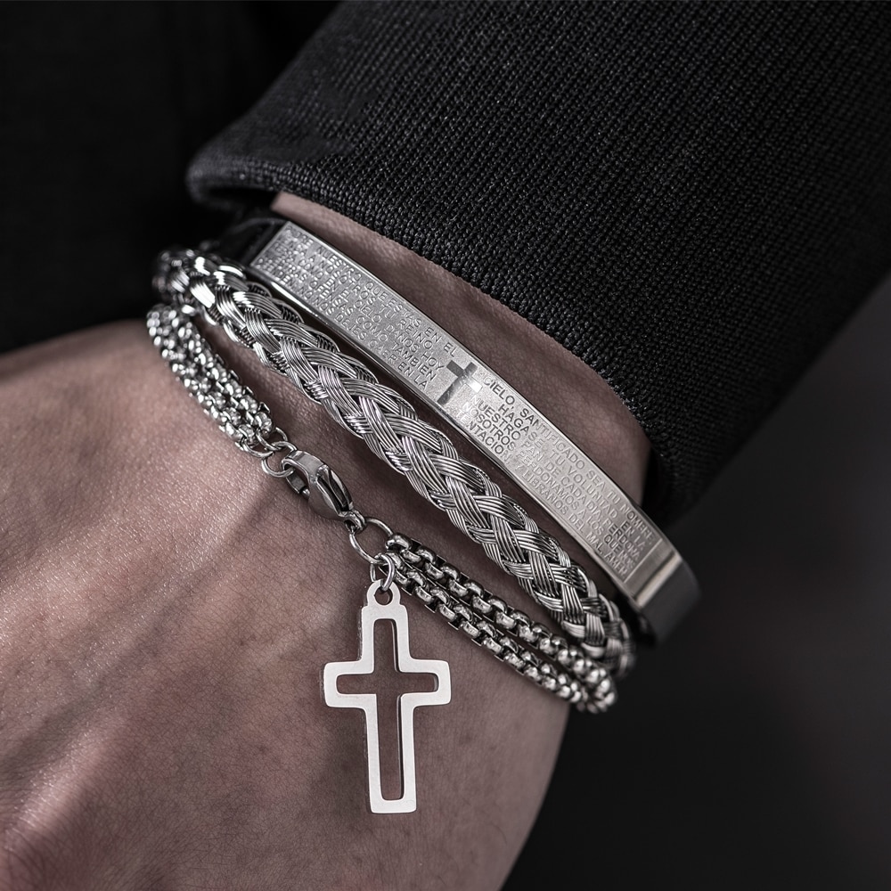 Luxe 3 Stks/set Rvs Cross Armband Mannen Sieraden Charm Open Brangle Carving Spaans Schrift Pulseira Bileklik