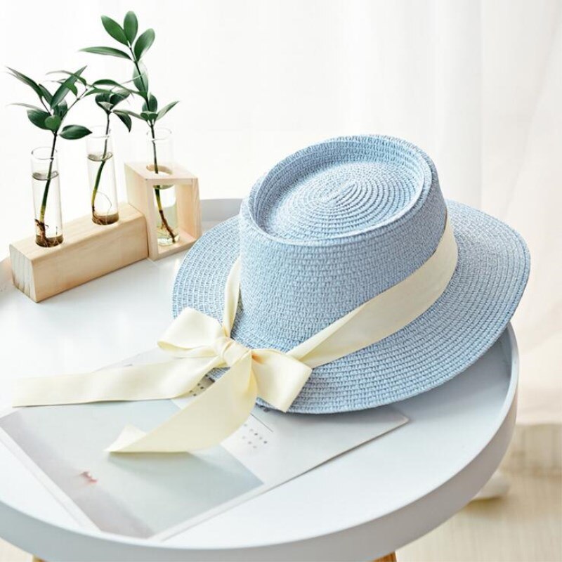 Seioum summer straw hat women big wide brim beach hat sun hat foldable sun block UV protection panama hat bone chapeu feminino: blue