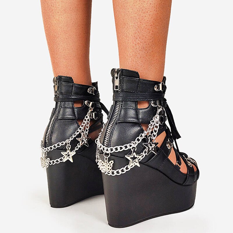 Sandalias con plataforma gótica Punk para mujer, zapatos con punta abierta y cremallera, con cadena de Metal, cuñas altas, pentagrama, para verano