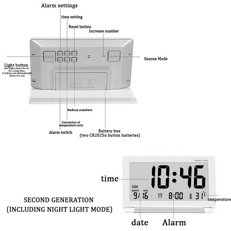 Elektronische wekker reisklok tafelklok multifunctioneel stil lcd digitaal groot scherm opvouwbaar led snooze-functie 62