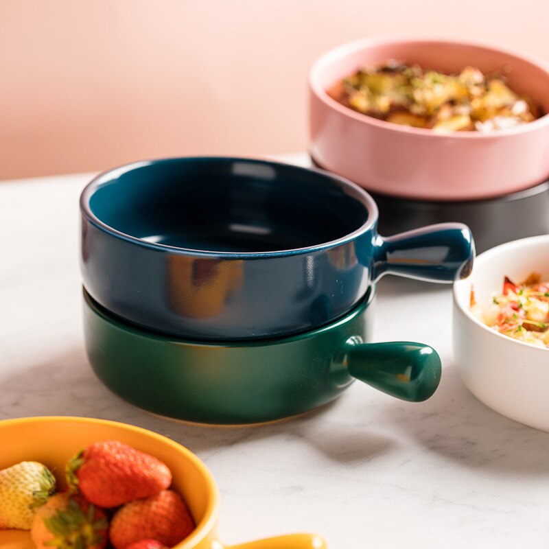 Ceramic With Handle Bowl Salad Bowl Oven Special Baking Bowl Baked Rice Bowl Fruit Dessert Bowl Instant Noodle Bowl