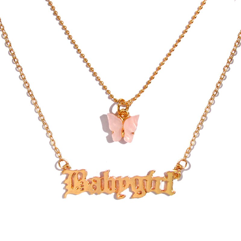 Flatfoosie Multilayer Butterfly Pendant Necklace for Women Gold Color Babygirl Letter Necklace Collar Punk Jewelry: 025612GD