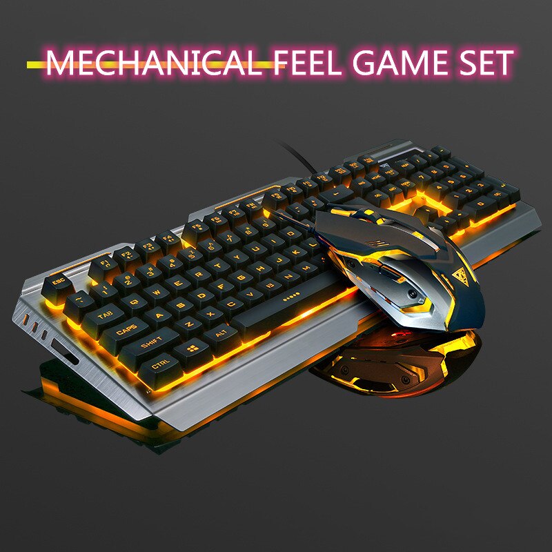 V1 USB Wired Gaming Keyboard Ergonomic Backlit Mechanical Feel and Mouse Set Tungsten Gold Gamer Laptop Computer Gaming Set: Tungste Single light