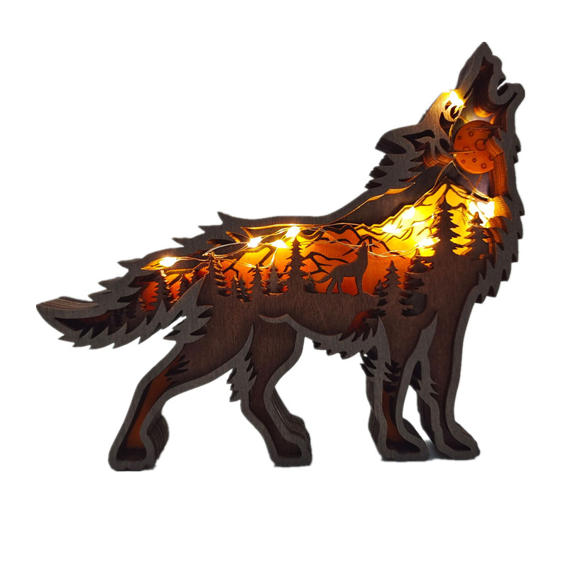 Tótem de lobo hueco de madera, Animal de Navidad, creatividad, escritorio, tallado para el hogar, manualidades, decoración LED, accesorios de decoración para sala de estar