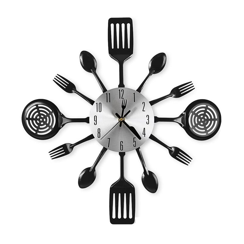 Relojes de pared grandes de 16 pulgadas con cucharas y tenedores, vajilla 3D, reloj de pared para decoración del hogar y la habitación: Black