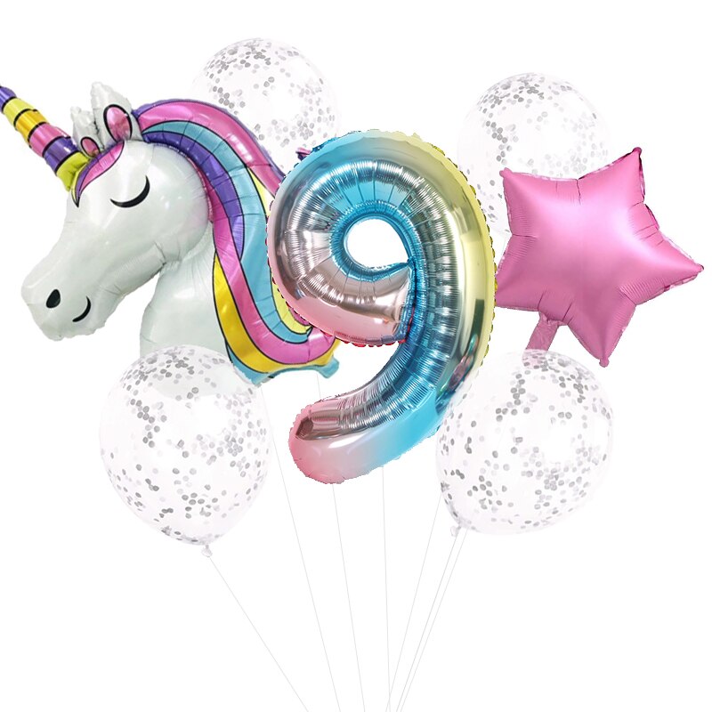 7 st regnbåge unicorn party ballonger unicorn födelsedagsdekoration nummer ballong barn födelsedagsfest dekoration för tjejer: 9 enhörning