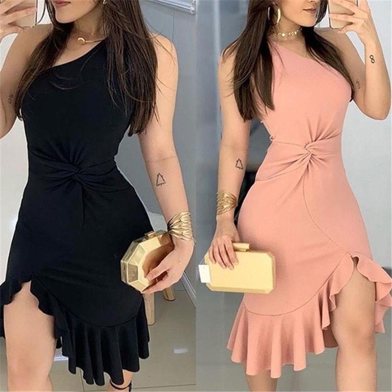 Vestido casual feminino, vestido de festa para mulheres, roupa de trabalho, casual, alça de um ombro, cintura, torcida, babados, vestido 2020