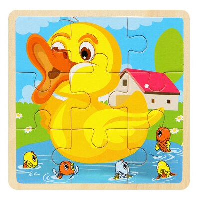 Mini Size 11*11cm Wooden 3D Cartoon Puzzle Jigsaw for Children Kids Cartoon Animal/traffic Puzzles Educational Toy Girl Boy: duck