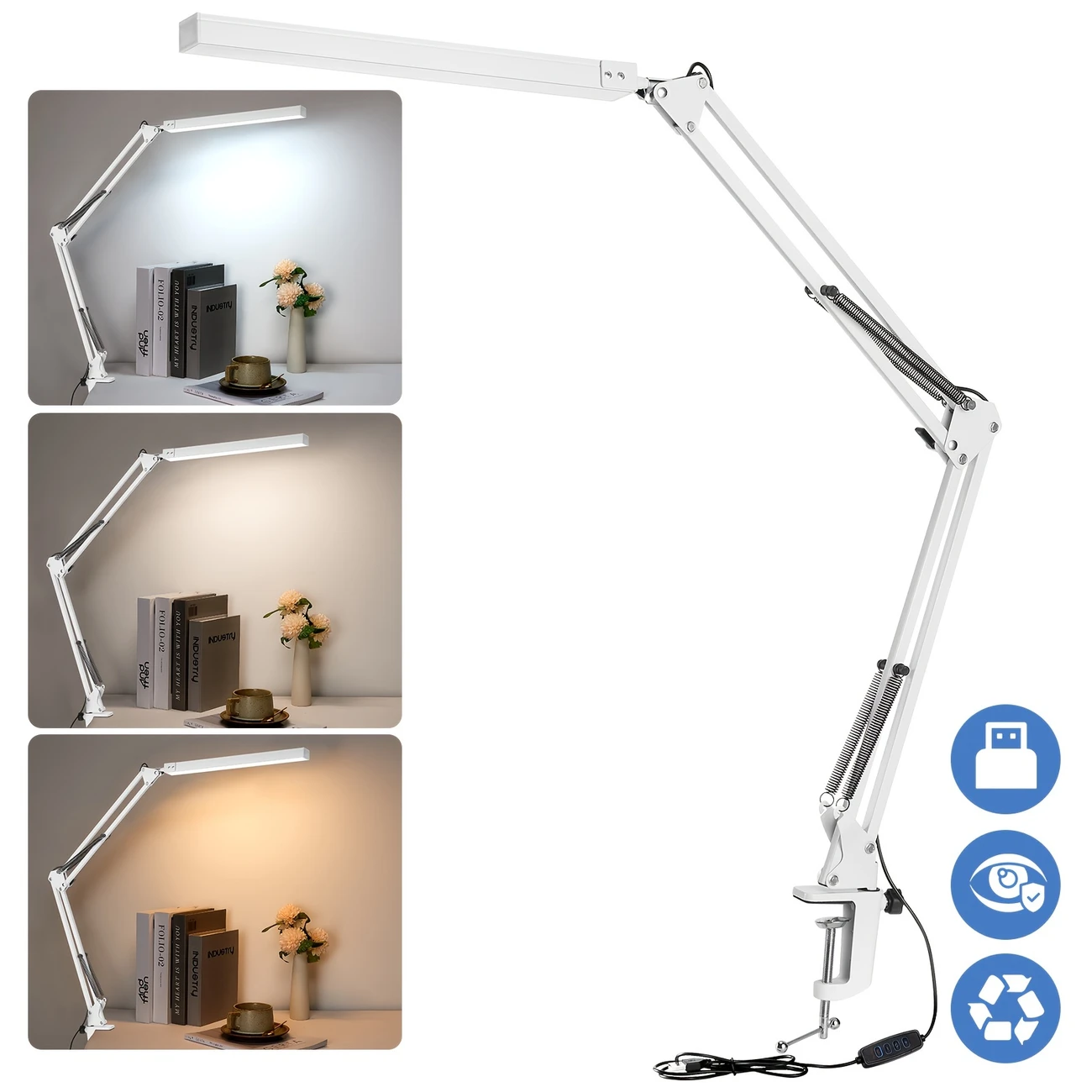 Lâmpada de mesa led com braçadeira, lâmpada de mesa de 3 cores com braço oscilante ajustável, luz de mesa moderna para cuidados com os olhos, escritório doméstico, artesanato, costura: Branco