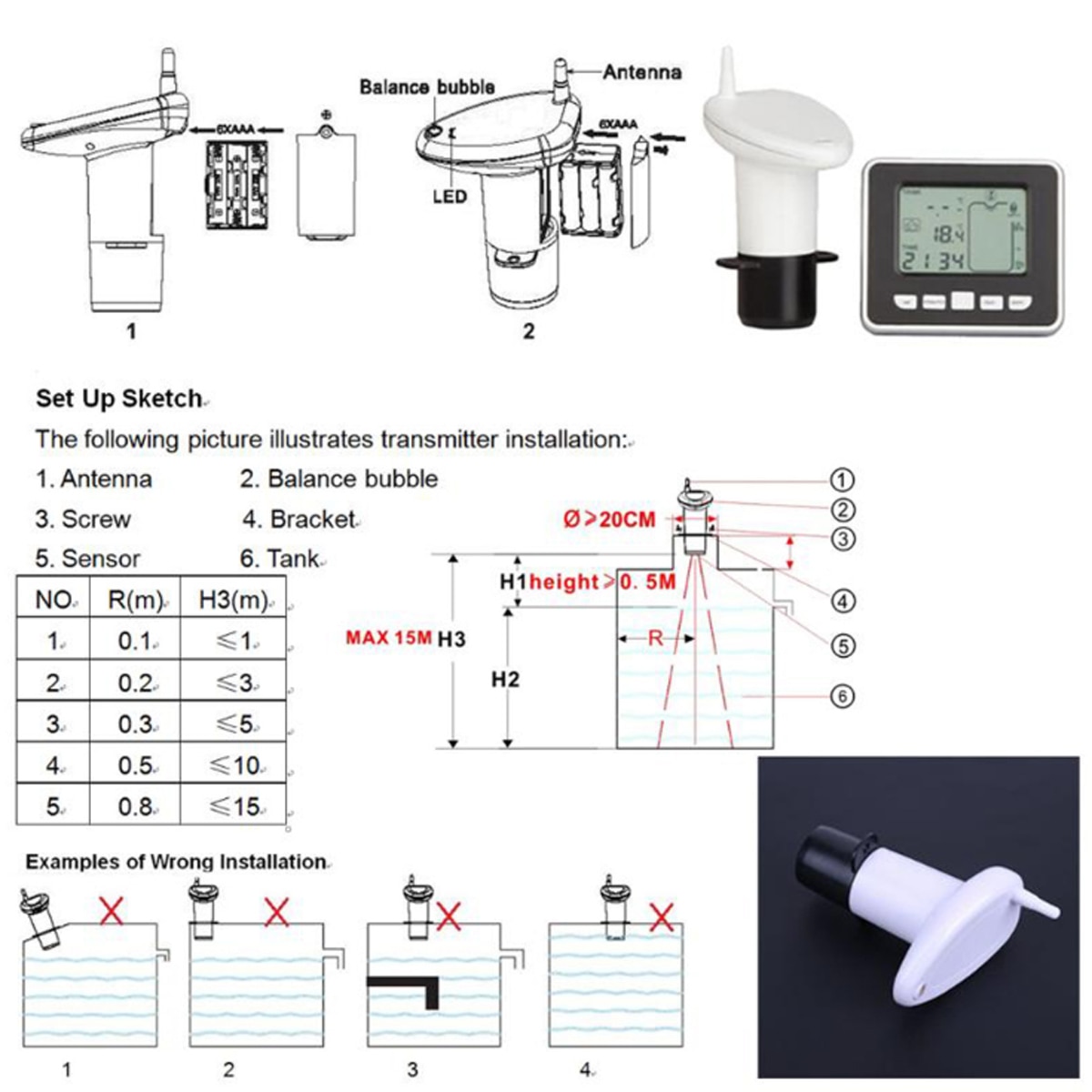 Drahtlose Ultraschall Wasser Tank Flüssigkeit Tiefe Level Meter Flow Sensor Monitor mit 3,5 Zoll LCD Temperatur Display Messung Werkzeug