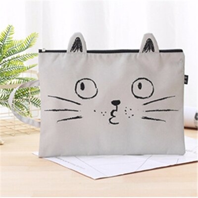 Toile fichier sac étudiant dessin animé A4 fichier paquet Portable Test papier sac de rangement fourre-tout mignon chat fermeture éclair mallette: Gray