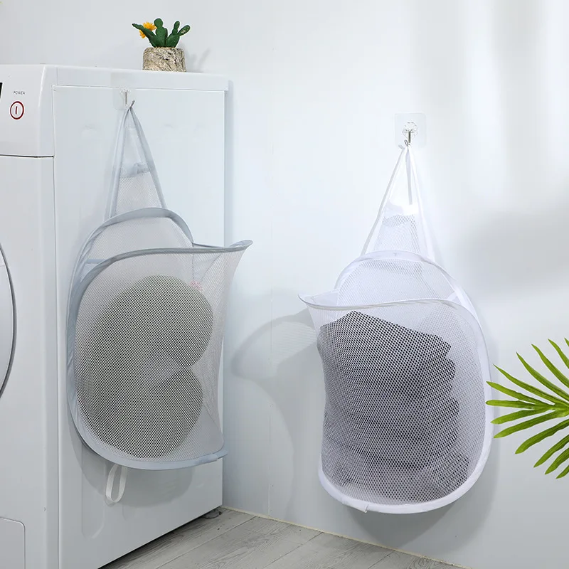 Wall Mounted Foldable Large Capacity Dirty Clothes Basket Laundry Hamper Cloth Nets Storage Organizer Bucket with Lanyard