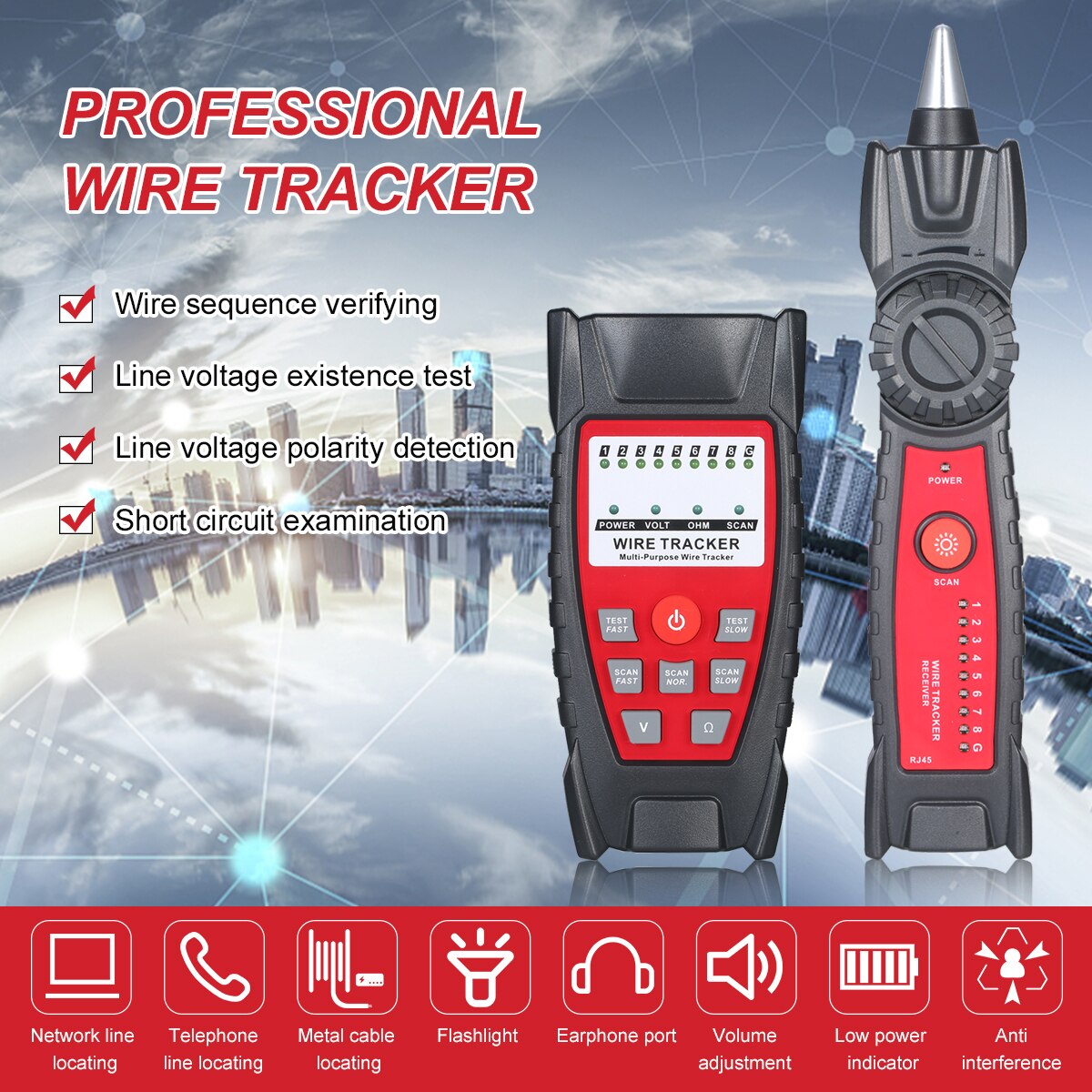 Rastreador de cables multifuncional portátil, probador de Cable RJ11 RJ45, buscador de línea de teléfono y Red con conector de auriculares, luz LED