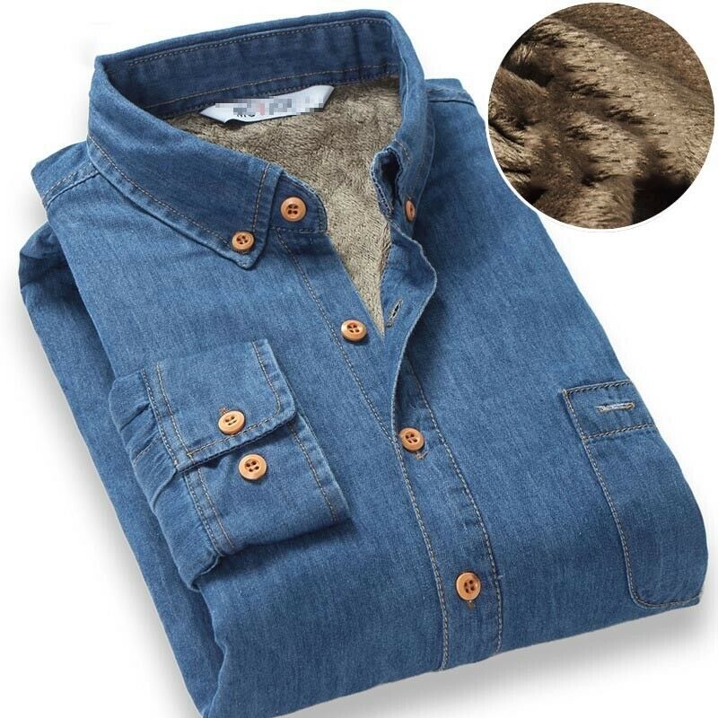 Herre vinter jeans skjorte varm fleece foret fløjl denim skjorter bundskjorte dd