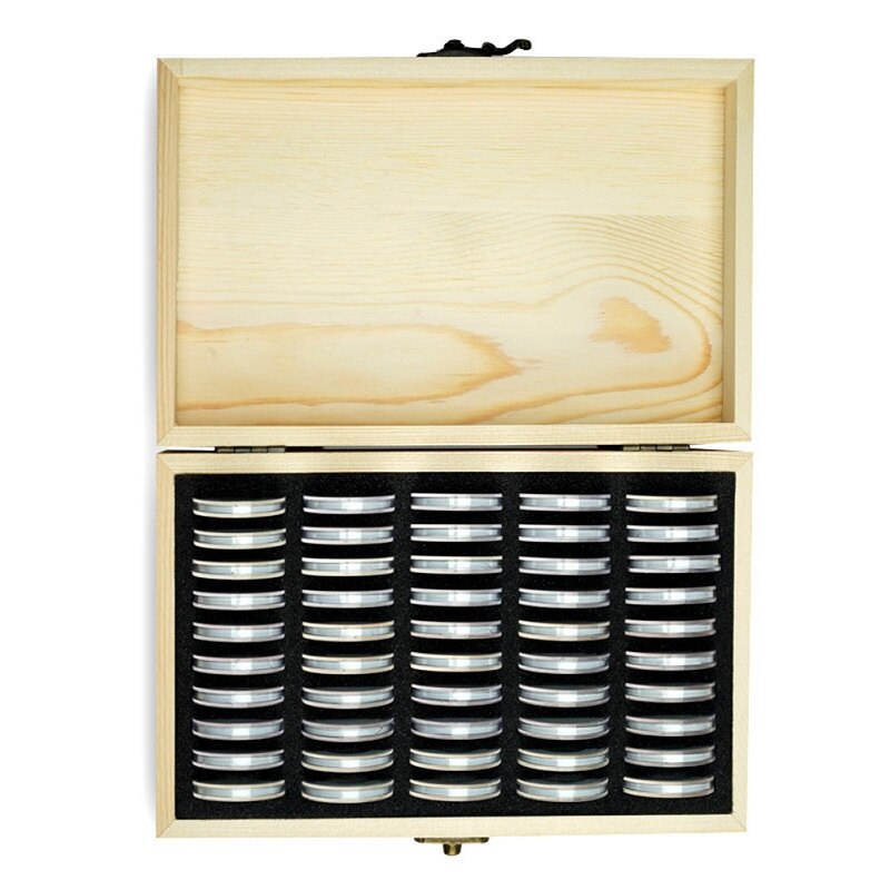 50pcs Coin Holder Case with Wooden Storage Box Round Coin Capsules Commemorative Coin Holder Coin Display Case Organizer
