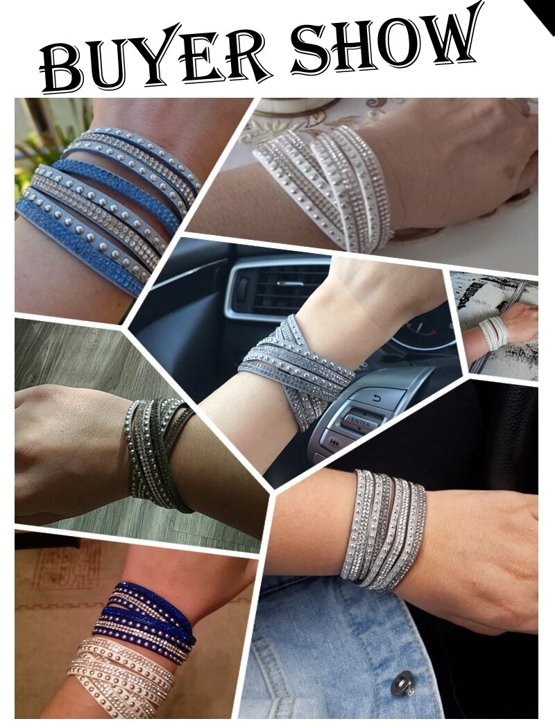 HOCOLE-Pulseras de cuero con abalorios de cristal para mujer, pulsera de diamantes de imitación multicapa, joyería femenina, de boda