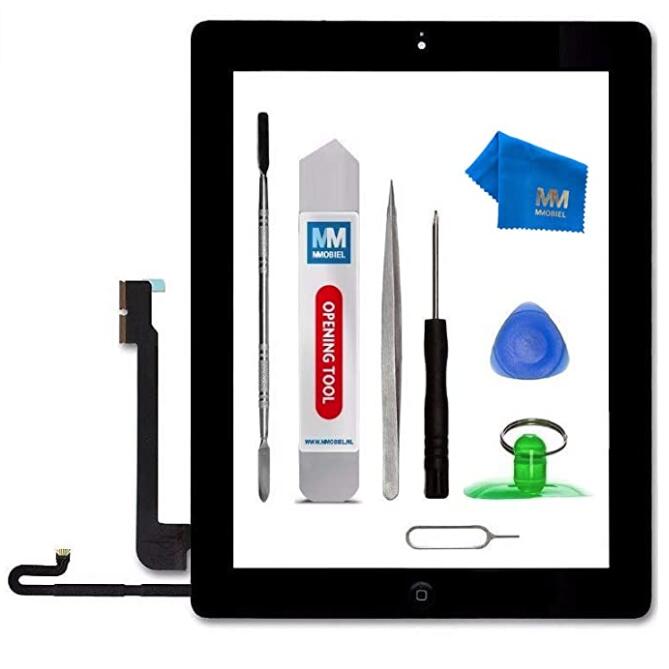 Mmobiel para ipad 4 branco/preto digitador da tela de toque assembléia de vidro de exibição frontal-inclui botão de casa e flex + suporte da câmera