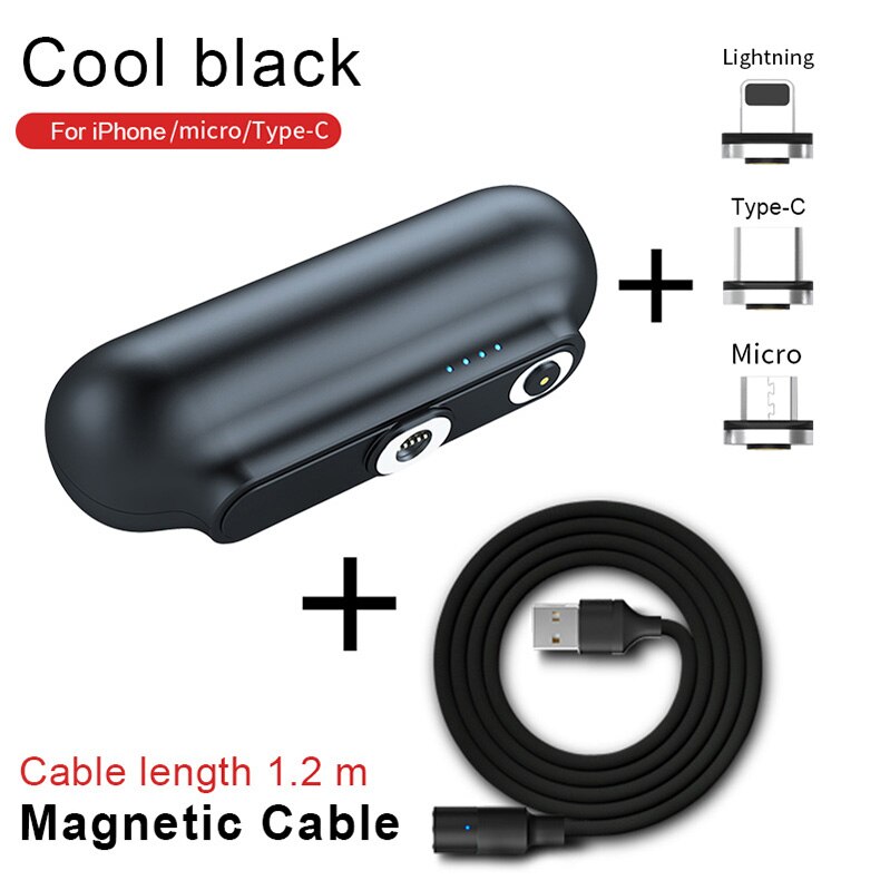 Mini Magnetische Charger Power Bank voor iPhone Micro USB Type C 2600mAh Draagbare Batterij Oplader voor iPhone iPad Xiaomi huawei: Zwart