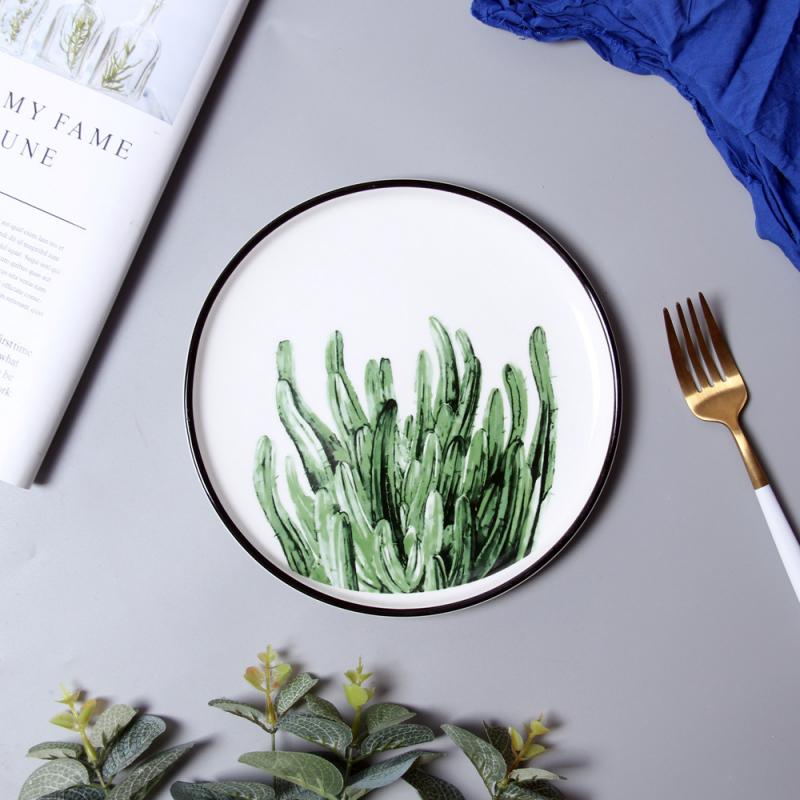 Green Plant Ceramic Plate Nordic Minimalist Plant Pattern Dish Dessert Plate Kitchen Tableware Household Items: 5
