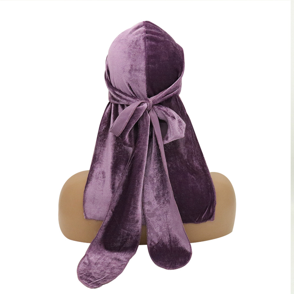 Durag en velours pour hommes et femmes, chapeaux Bandana, solide, enveloppe de tête, extensible, longue queue, chapeaux de Pirate Jordan, Turban Du chiffon: purple