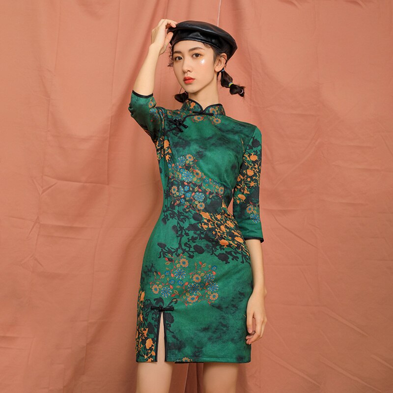Verde do vintage moda chinesa moderno vestido feminino estilo nacional roupas curto primavera verão novo fino melhorar qipao vestidos da menina: M