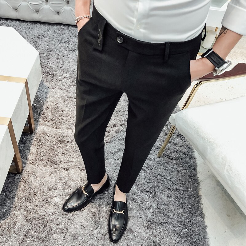 Embroidery Business Dress Pants Men Formal Office Social Suit Pants Casual Slim Fit Nightclub Party Streetwear Trousers: black / 33