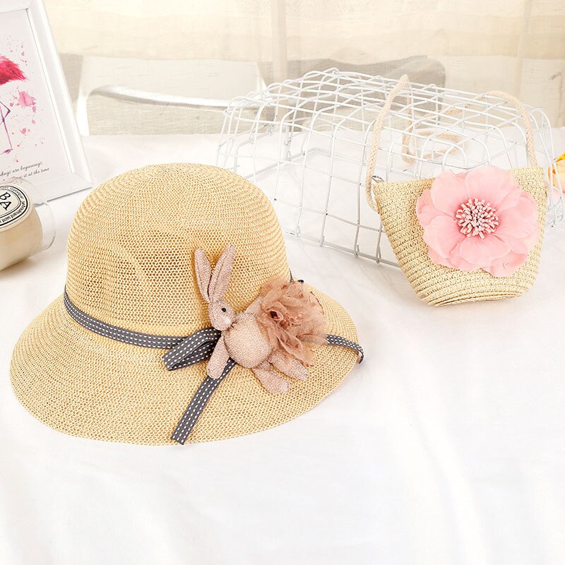 Women Girls Straw Sun Hat + Cute Flower Straw Shoulder Bag Set Summer Beach Kit -OPK