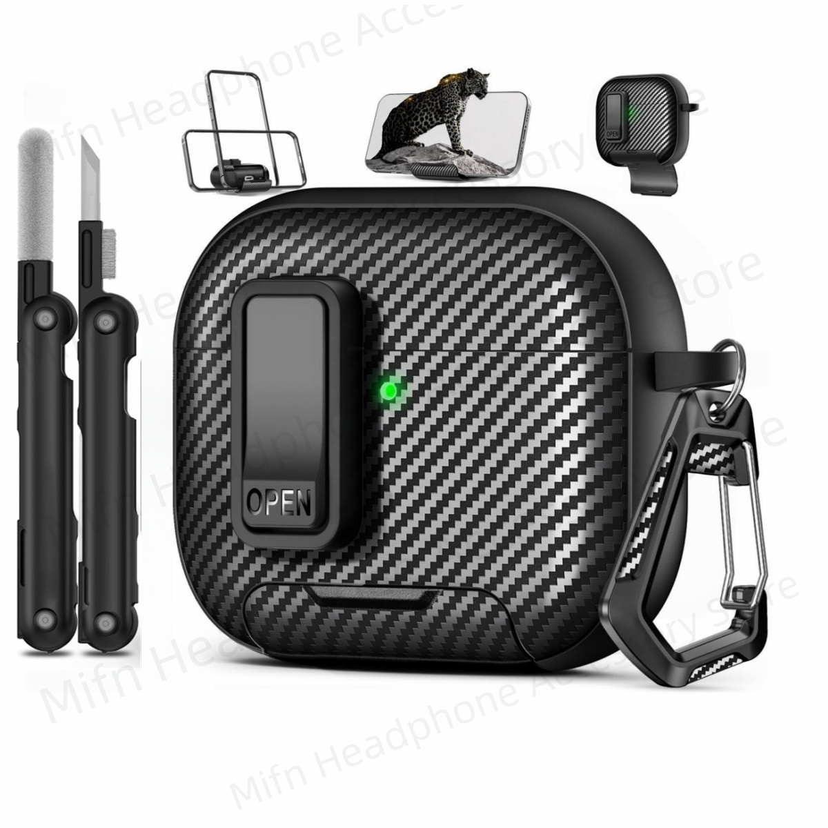 Airpod 4 Headphone Case With Phone Stand Airpod pro 2 Carbon Fiber Lock Case for AirPods 4th Gen/AirPods 4 With ANC Cover: XS / CORAL