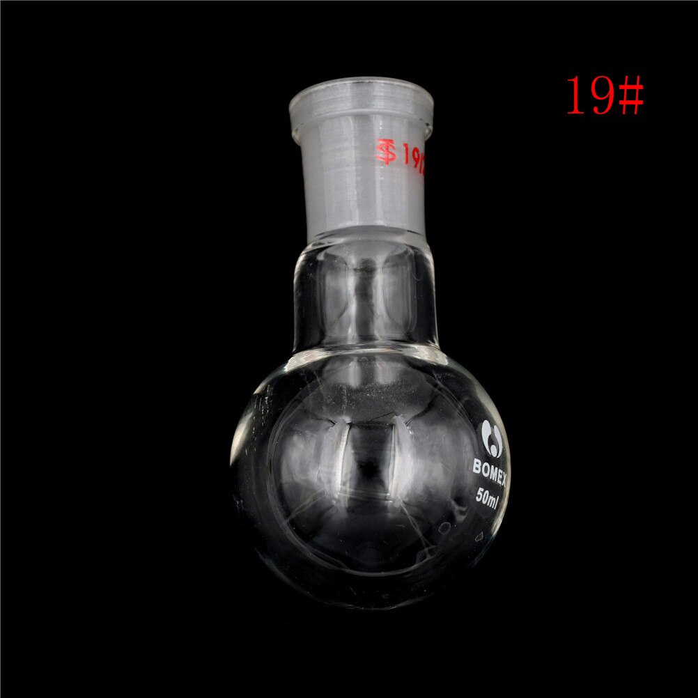 1 Uds matraz de un solo cuello química frasco de ebullición 24/29 19/26 1-Cuello 50ML Cristal de fondo redondo de