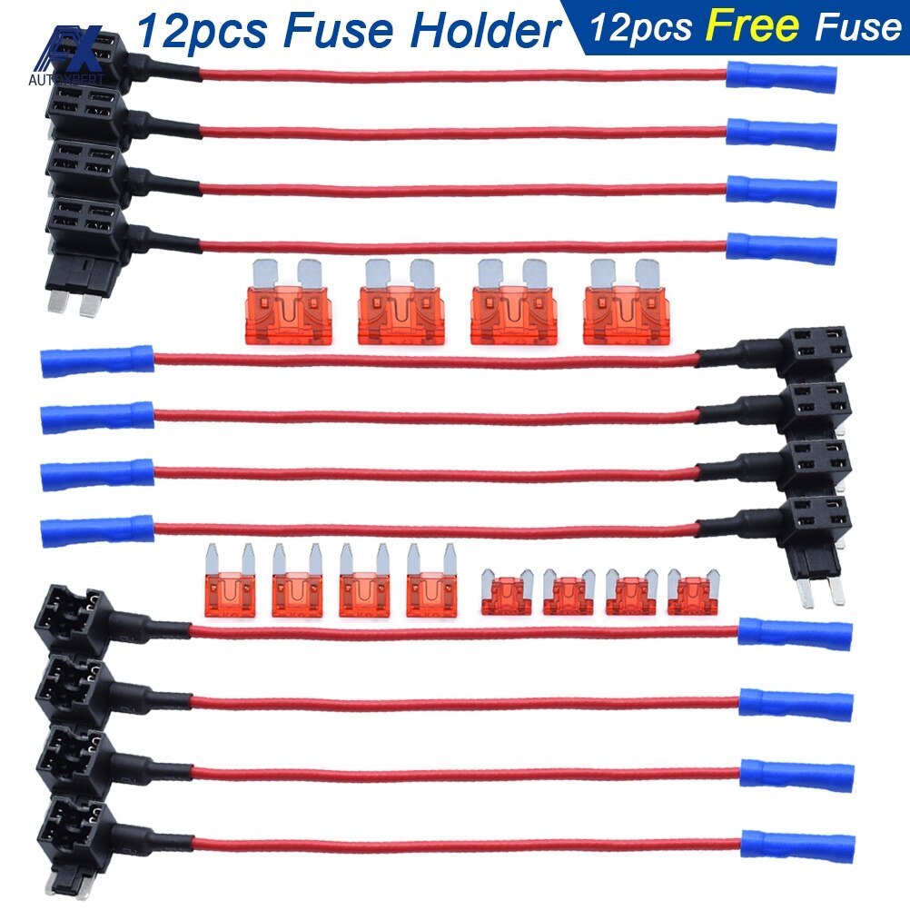 12Pcs/set Fuse Holder Add-a-circuit TAP Adapter Micro Mini Standard ATM APM ATO ATC with 12V 10A Blade Car Fuse Auto Replacement