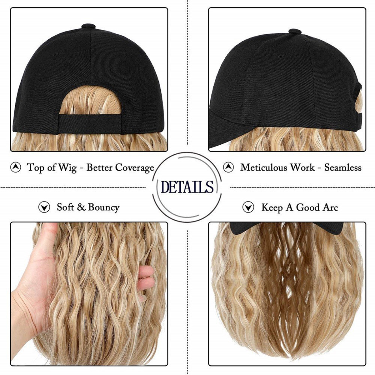 Pelucas de pelo ondulado rizado esponjoso sintético largo negro Difei con sombrero gorra de béisbol conectar naturalmente peluca de sombrero ajustable para mujeres