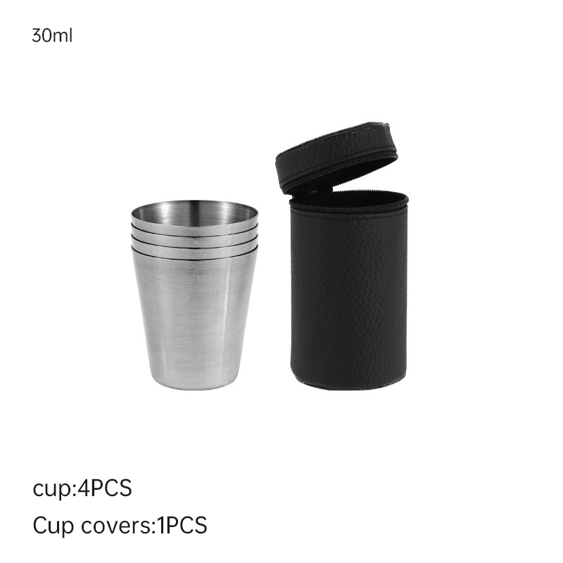 Juego de tazas de acero inoxidable para viajes prácticos al aire libre, Mini vasos para whisky, vino con estuche, vasos portátiles de 30ml/70ml/170ml, 4 Uds.: Negro