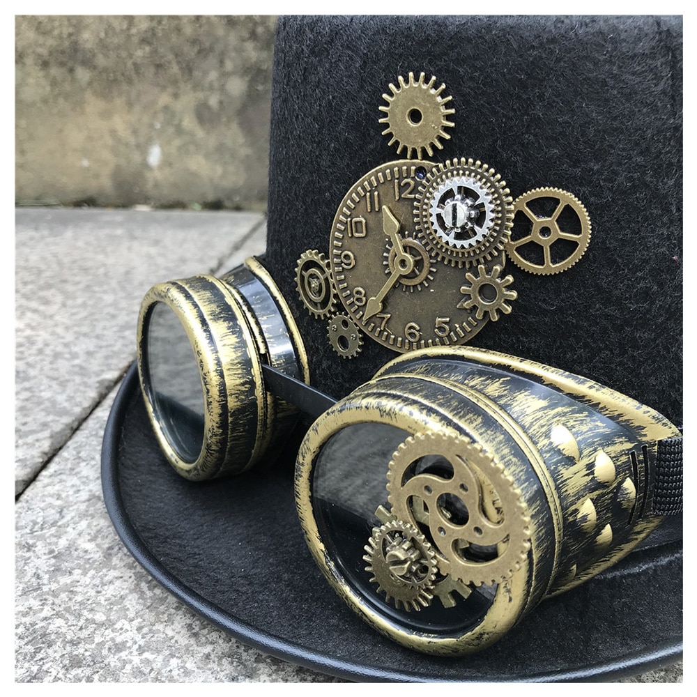 Mænd kvinder håndlavet steampunk top hat med gear briller scene magisk hat fest hat størrelse 57cm steampunk hat