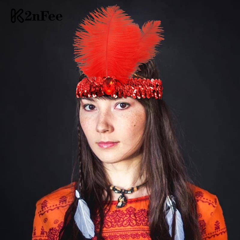 1 Uds. Tocado de plumas indias a la para mujer, diadema de cristal con plumas y lentejuelas, diadema india para de vacaciones, accesorios para el cabello