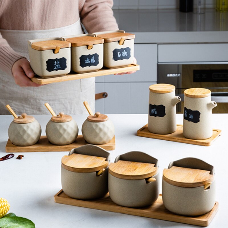 Kök krydda burk olja flaskuppsättning hushåll keramisk krydda låda salt shaker kryddflaska full uppsättning japansk stil