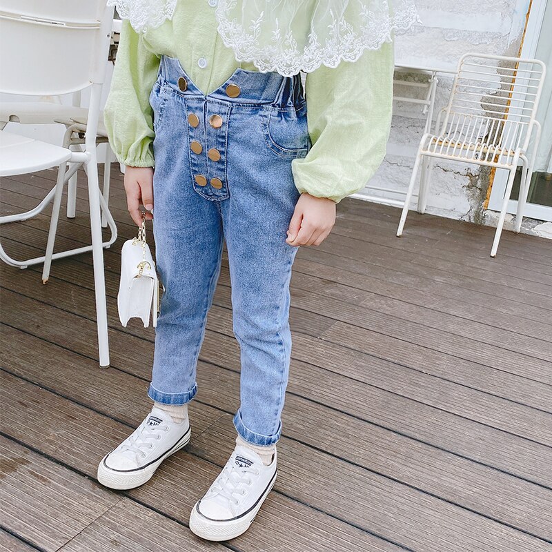 Skinny jeans för tjejer denim barn trasiga jeans för storlek 2 3 4 5 7 år knapp casual jeans solida barn tjejer jeans