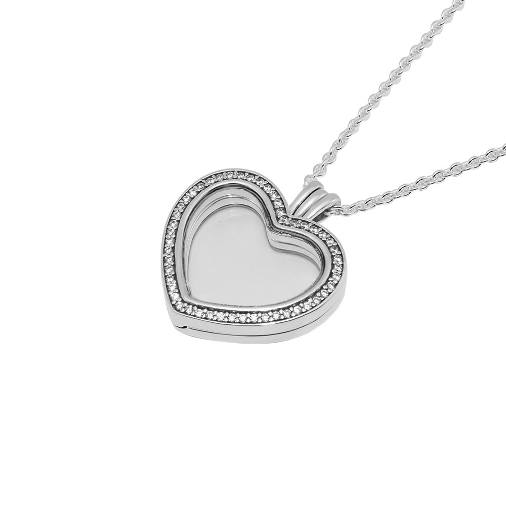 FANDOLA 100% 925 Sterling Silver Jewelry Sparkling Floating Heart Locket Necklace with Pendant Necklaces for Women N069