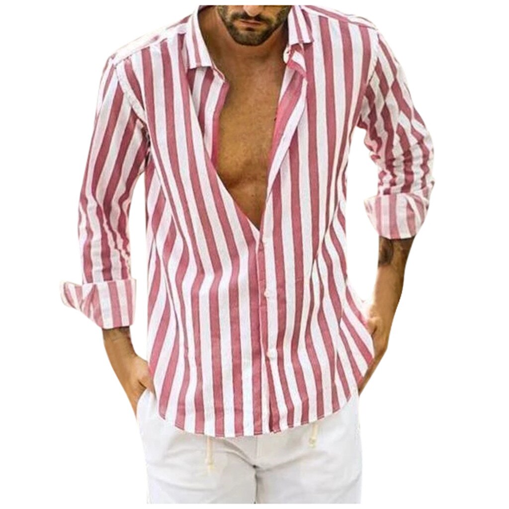 Men Shirts Vertical Striped Shirt Slim Fit Long Sleeve Casual Button Down Mens Shirts: Pink / XL