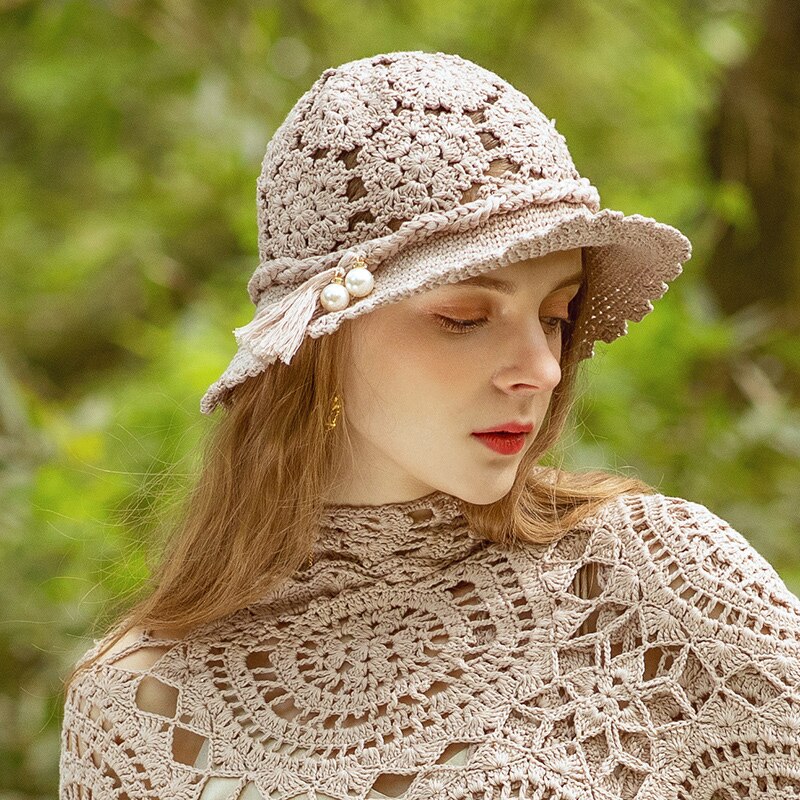X023 sombreros tejidos a mano para mujer, gorros de tejido calado para adultos, gorros de pescador para niñas, sombrero de pescador para combinar con todo, gorro de punto, sombrero de cubo: Beige