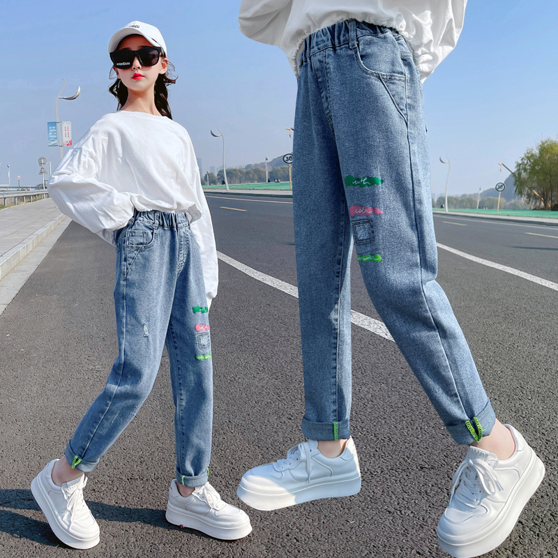 Pantalones vaqueros rasgados para adolescentes y niñas, pantalón informal de tendencia azul que combina con todo, 12, 13 y 14 años, primavera 2022
