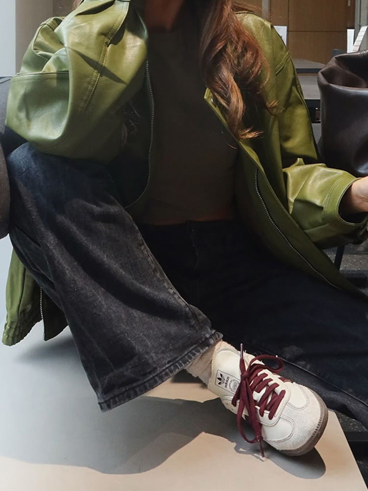 Groene mode oversized rits dames leren jas elegante kraag lange mouw casual jas dame chique losse streetwear