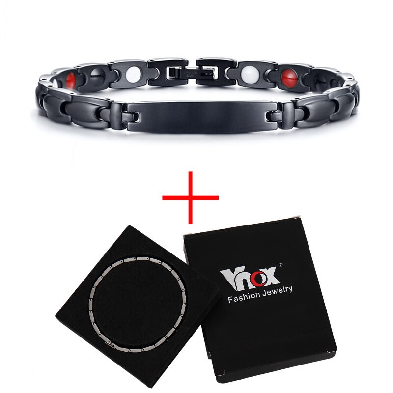 Vnox-Bracelets de santé magnétiques noirs pour femmes et hommes, en acier inoxydable, bijoux en Germanium Bio énergie unisexe 7.87": Bracelet and Box