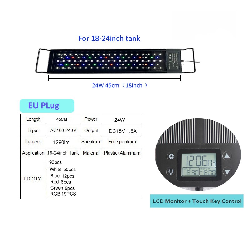 12inch-18-24inch Waterdichte Programma 8 Kleuren Auto On Off Volledige Spectrum Led Aquarium Lichtpunt Voor Zoetwater Geplant Tank: 24W 18inch C138 EU